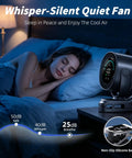 Woman sleeping peacefully beside Portable Clip On Fan With Rechargeable USB Power Turbo Airflow 100 Stepless Speeds LED Display
