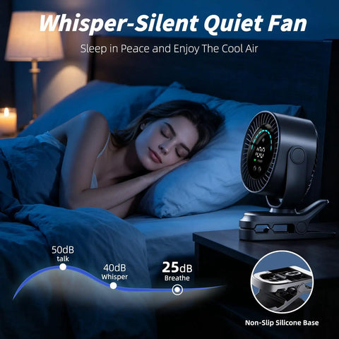 Woman sleeping peacefully beside Portable Clip On Fan With Rechargeable USB Power Turbo Airflow 100 Stepless Speeds LED Display