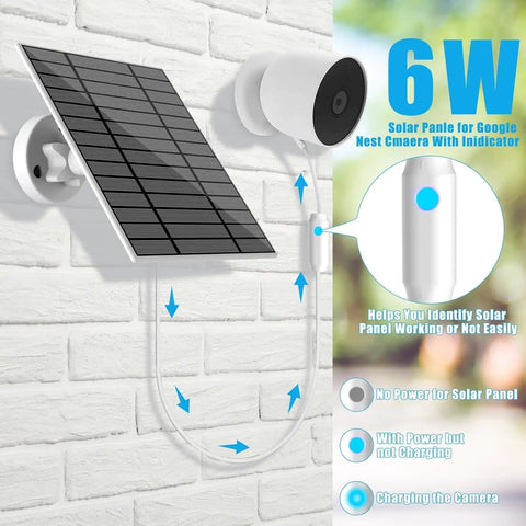 6W Solar Panel Charger For Google Nest Camera Outdoor And Indoor Battery Version With Indicator Light And 13Ft Cable No Hassle Setup High Efficiency Monocrystalline Solar Panel For Reliable Nest Power, wall-mounted with camera and indicator light description on brick wall