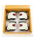 4 Pack Heavy Duty Leveling Casters For Industrial Workbenches in a box, showcasing retractable swivel wheels with rubber bases.