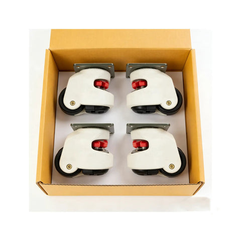 4 Pack Heavy Duty Leveling Casters For Industrial Workbenches in a box, showcasing retractable swivel wheels with rubber bases.