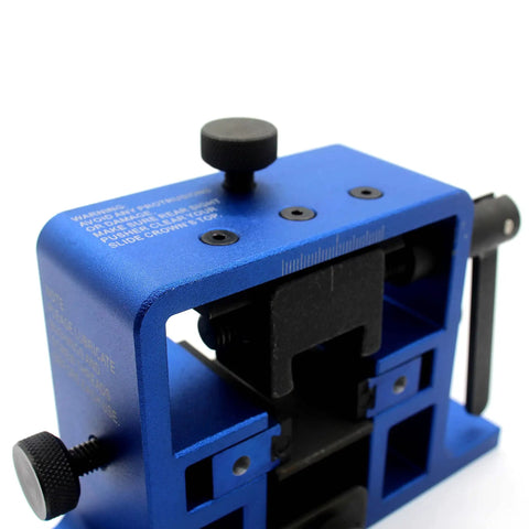 Pro Grade Pistol Sight Pusher Tool With Reversible Prong And Solid Construction for quick front and rear dovetail sight install uninstall on semi-auto handguns blue showing details of prongs and frame.