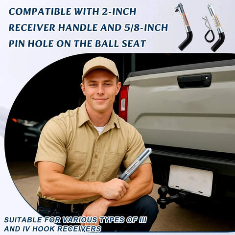 12 Pack Five Eighth Inch Trailer Hitch Pins And Clips With Galvanized Coated Vinyl Black Grip Solid Steel Trailer Accessories Fits Two Inch Receivers Includes Three And A Half Inch Pin Length For Heavy Duty Beefy Quick Securing shown with man holding pin and truck in background