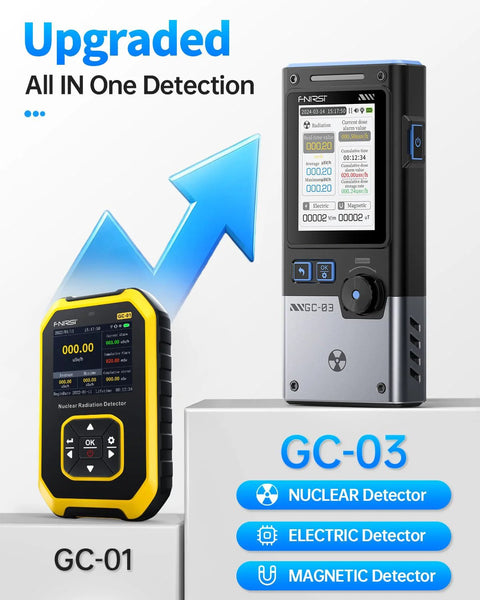 FNIRSI GC-03 Geiger Counter handheld detector, black/silver with blue control dial; GC-01 yellow unit also shown
