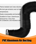 4 Inch Flexible Dryer Vent Hose With Four Layer Protection 8 Ft Long Heavy Duty Duct Built Tough For Max Airflow Leak Resistant Aluminum Foil PVC PET Film Ideal For Home Drying Heating And Ventilation Includes Two Clamps, shown in black with two clamps