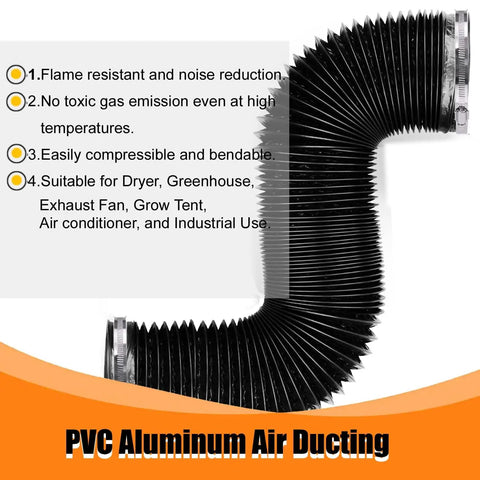 4 Inch Flexible Dryer Vent Hose With Four Layer Protection 8 Ft Long Heavy Duty Duct Built Tough For Max Airflow Leak Resistant Aluminum Foil PVC PET Film Ideal For Home Drying Heating And Ventilation Includes Two Clamps, shown in black with two clamps