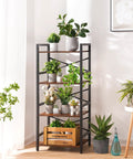 Compact 4 Tier Bookshelf Featuring Heavy Duty Metal Frame And Smooth Wood Shelves Hella Space Saving Setup Prime For Tiny Apartments Small Nooks And Modern Home Office Layouts Totally Legit Organizer For College Dorms Living Areas And Entryways with potted plants on shelves.