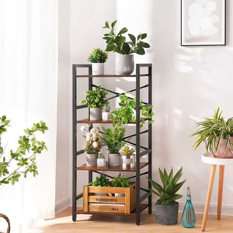 Compact 4 Tier Bookshelf Featuring Heavy Duty Metal Frame And Smooth Wood Shelves Hella Space Saving Setup Prime For Tiny Apartments Small Nooks And Modern Home Office Layouts Totally Legit Organizer For College Dorms Living Areas And Entryways with potted plants on shelves.