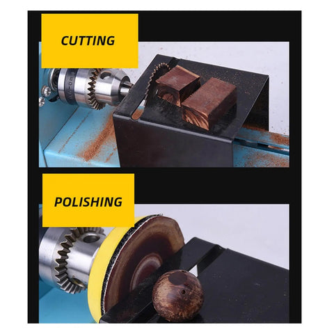 Powerful 150W Mini Lathe Machine For Buddhas And Beads DIY Rocking Stone Rotary Carving Tool Woodworking Drill in use for cutting and polishing wood.