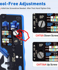 All-In-One RJ45 Crimp Tool With Pass-Through And Non Pass-Through Crimping adjustments for CAT5/6 and CAT7/6A cables visible