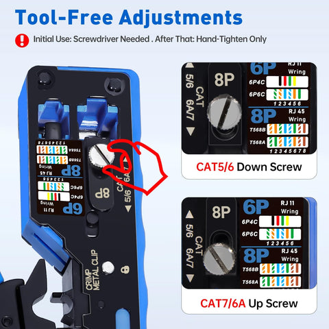 All-In-One RJ45 Crimp Tool With Pass-Through And Non Pass-Through Crimping adjustments for CAT5/6 and CAT7/6A cables visible
