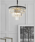 Lit 12 Light Crystal Chandelier, 23.64 Inch Black Three Tier Pendant Ceiling Light Fixture in elegant room setting