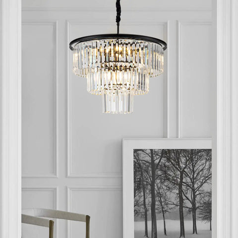 Lit 12 Light Crystal Chandelier, 23.64 Inch Black Three Tier Pendant Ceiling Light Fixture in elegant room setting