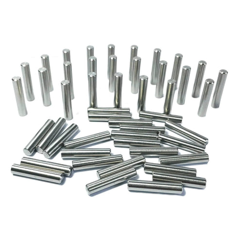 5mm x 25mm Metal Dowel Pins 50 Pack For Wood Furniture And Shelves, M5 Shelf Pegs, Alloy Steel Dowels scattered on surface