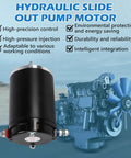 12V Hydraulic Slide Out Pump Motor 167576 414018 F000MM0809 replacement, black cylindrical design, RV use background