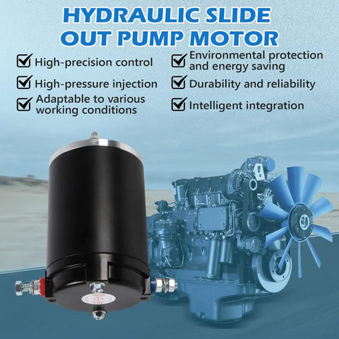 12V Hydraulic Slide Out Pump Motor 167576 414018 F000MM0809 replacement, black cylindrical design, RV use background