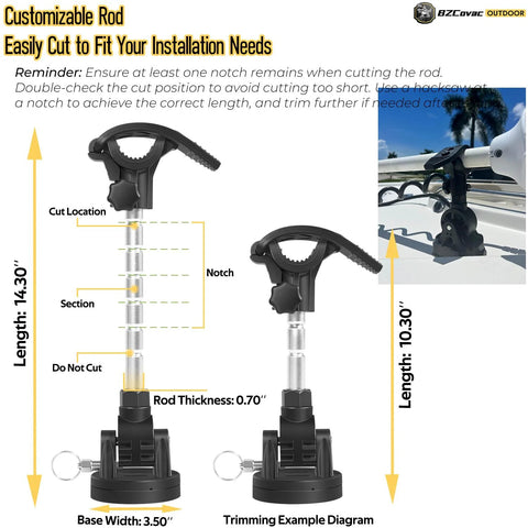 Two black adjustable trolling motor stabilizer mounts with aluminum rod segments; installed on boat rail.