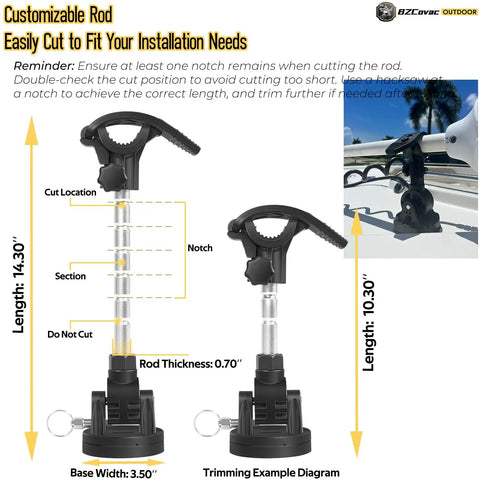 Adjustable rod diagram with measurement guide and installation example on a boat