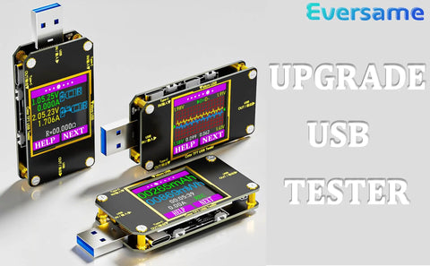 Braided C to C USB C Power Meter Tester With 1.5ft Cable, Voltmeter Ammeter And Voltage Current Monitor, PD 2.0/3.0 QC 2.0/3.0/4.0 Detection, Data Store, Cable Impedance And Charge Speed USB power tester with color screen and USB-C, shown front view