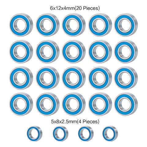 Image of a 24 Piece Steel Rubber Sealed Ball Bearing Kit For Tamiya Super Clodbuster And Bullhead RC Crawler Upgrades, Deep Groove Bearings.