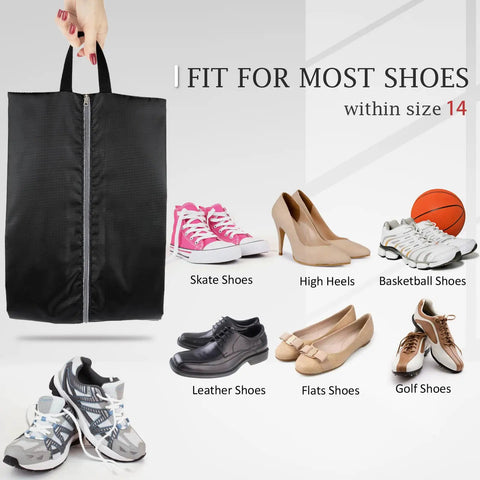 Must Have Travel Shoe Bags Set of 4 Large Waterproof Lightweight Organizers for various shoes including skate, heels, and leather.