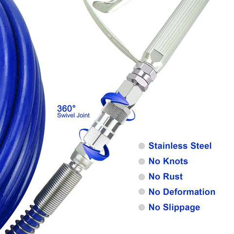360 Degree Swivel One Quarter Inch Hose Joint For Airless Paint Sprayers Stainless Steel Connector With No Kink Rotation High Pressure Spray Gun Attachment Durable Rustproof 2 Pack For Hose And Sprayer close-up with hose connected, 360° swivel