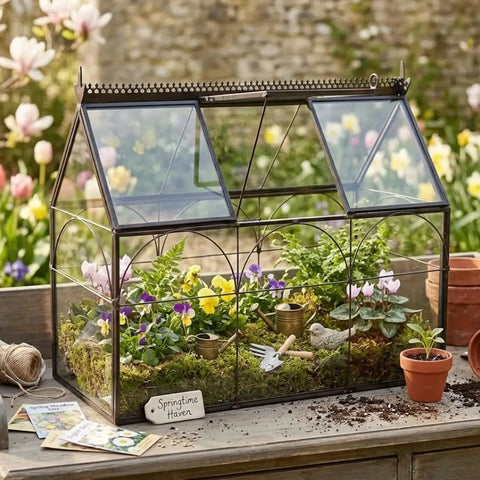 Glass Greenhouse Centerpiece Terrarium For Tabletop Decor With Black Brass Accents, Ideal Wedding Letterbox Display, Space For Succulents Moss And Flowers, Totally Chic Indoor Plant Lover Gift For Spring Home Decor