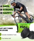 Cyclist riding with Two Pack 700c Road Bike Inner Tubes 700x20c To 700x25c With 42mm Presta Valve Butyl Rubber Includes Two Tire Levers