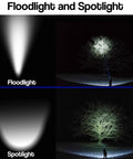 Image showing floodlight and spotlight modes of Ultra Bright 150000 Lumens Rechargeable LED Flashlight With Zoomable Beam Five Modes Waterproof Tactical Handheld Light For Camping Emergencies Home Power Outages Beast Mode Performance
