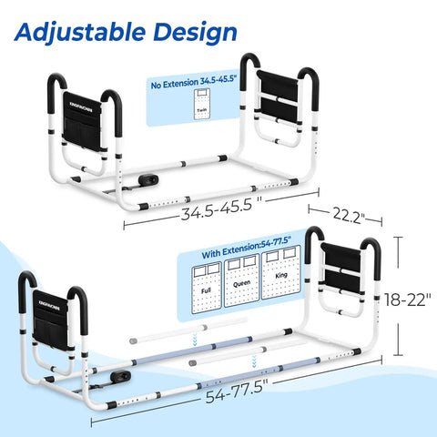 Dual Side Bed Rails For Seniors With 350 Pound Capacity ASTM Approved 4 Bar Anti Tip Frame ergonomic U handles adjustable size