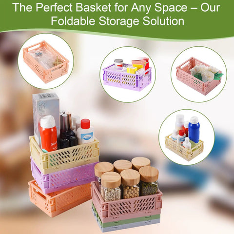 Stacked pastel plastic storage baskets 6 pack collapsible crates for organizing small items space saving mini bins for classroom