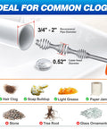 Heavy Duty 33 Foot Auto Feed Drain Auger And Sink Snake Knock Out Stubborn Bathroom And Kitchen Pipe Clogs With A Smooth No Sweat Push Button Extension Rig showing recommended pipe diameter and cable head.