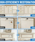 Before and after using Biscuit Colored Touch Up Paint Pen High Gloss Multi Surface Acrylic Scratch Repair For Appliances Metal Walls Cabinets Wood Doors Furniture Enamel 1.5 Fl Oz on cabinets, dishwasher, and table.