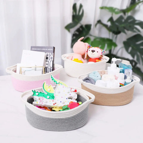 Rope Storage Basket With Handles For Pet Toys And Essentials Boho Woven Organizer Bin For Shelves 12 By 8 By 5 Inches White Cute