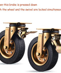 Eight Inch Badass Heavy Duty Casters Set Of Four With Solid Rubber Wheels And Precision Bearings Hella Smooth Industrial Rollers close-up showing brake feature