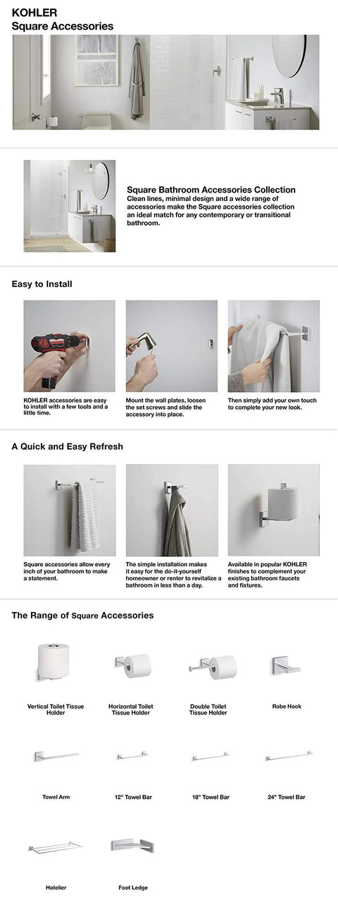 Kohler square bathroom accessories collection with various installation examples and product options, including towel bars, hooks, and foot rest.