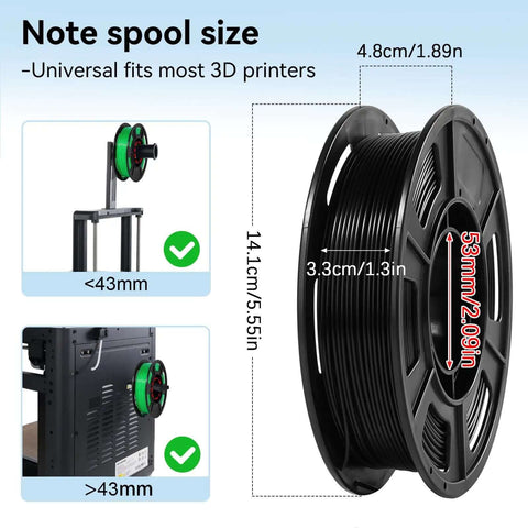 Regular PLA Filament 1.75mm 53mm Spool 250g Six Color Pack For Beginners Ready To Print, spool size dimensions diagram