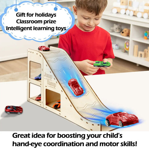 Child playing with Wooden Toy Car Jump Ramp and Race Track Set for Hot Wheels and Diecast Cars, showing sturdy plywood ramp.