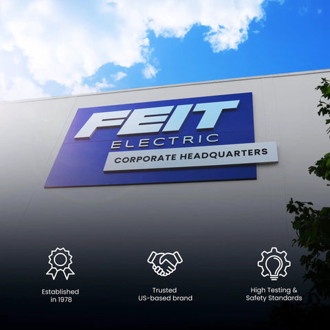Exterior of FEIT Electric corporate headquarters with blue sky background and icons highlighting brand excellence.