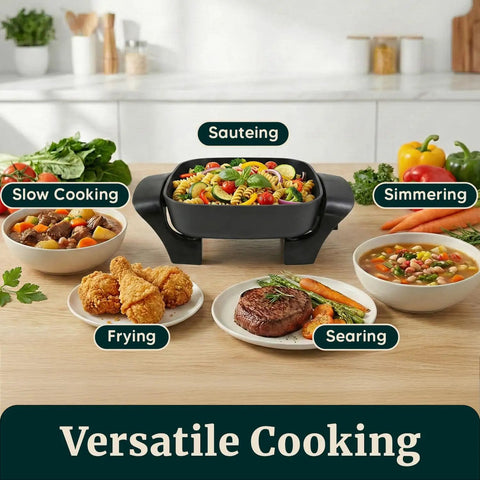 Compact Electric Skillet With Dual Nonstick Coating, 600W Power, sauteing vegetables with slow cooking, frying, and searing dishes.
