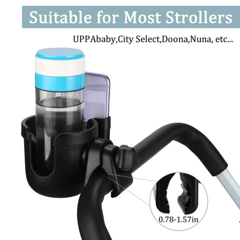 Universal Stroller Cup Holder With Phone Holder, adjustable drink holder on stroller handle, tool-free install, non-slip design