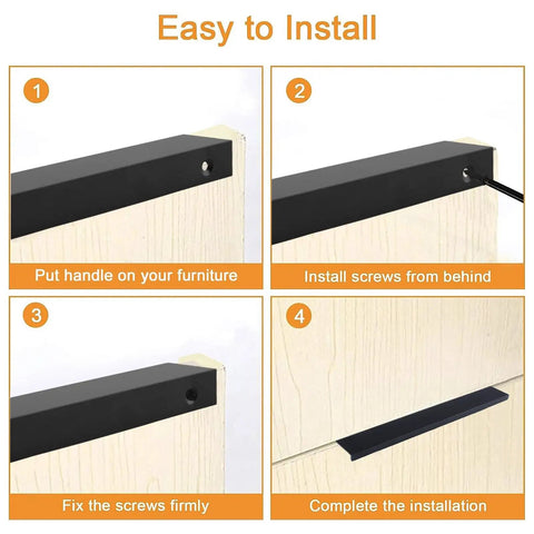 Installation guide for matte black finger edge pulls showing step-by-step setup for cabinets with invisible hardware 200mm.