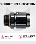 6AN Female Flare Swivel To 6AN ORB Male Adapter For Fuel Rail Fittings, Leak Free And No Fuss Install, Aluminum Black CNC Machined AN Fittings For Reliable Fuel Line Systems, black 6AN adapter with specs