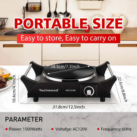 Portable 1500W Electric Hot Plate Stove With Adjustable Temperature Stay Cool Handles Compact 7.3 Inch Cooktop shown in kitchen