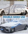 Two Pack 3 By 4 Feet Waterproof Tarp Set 7.5 Mil Heavy Duty Poly Tarpaulin covering cars, showing silver and blue sides for sun and snow.