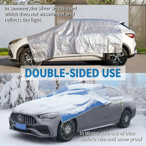 Two Pack 3 By 4 Feet Waterproof Tarp Set 7.5 Mil Heavy Duty Poly Tarpaulin covering cars, showing silver and blue sides for sun and snow.