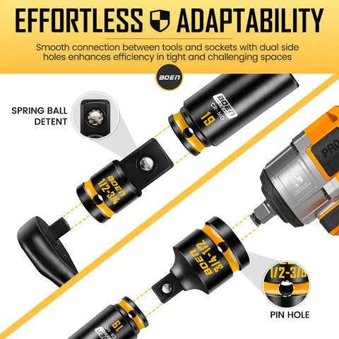 Versatile 9-Piece Impact Socket Adapter And Reducer Set For 1/4, 3/8, 1/2, And 3/4 Inch Drives with marked details and hex shanks.