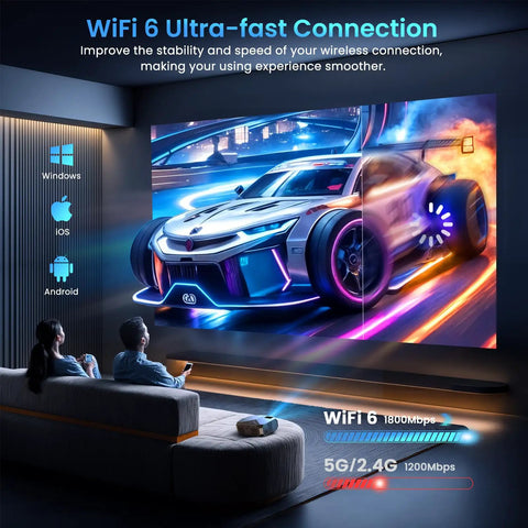 People watching a racing car scene projected by Ultra Bright 4K Outdoor Projector With WiFi 6 And Bluetooth 5.3 Netflix Ready