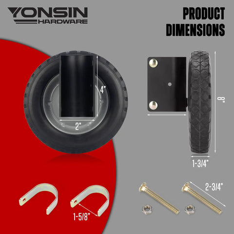 8 Inch Heavy Duty Gate Wheels Two Pack Side Mount Casters Built To Kick Sagging Gates To The Curb Fits 1 5 8 To 2 Inch Steel Tubing showing product dimensions and components.
