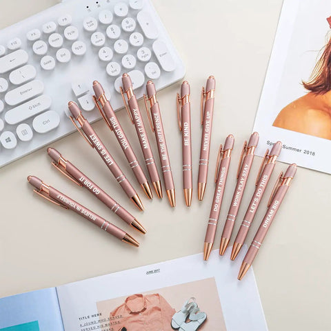 Set Of 12 Rose Gold Motivational Quote Pens With Screen Touch Stylus Snarky Office Scripture Ballpoint Pens In Black Ink